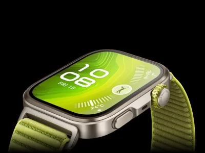 Huawei Watch Fit 4 Pro con fondo negro y pantalla con imagen verde