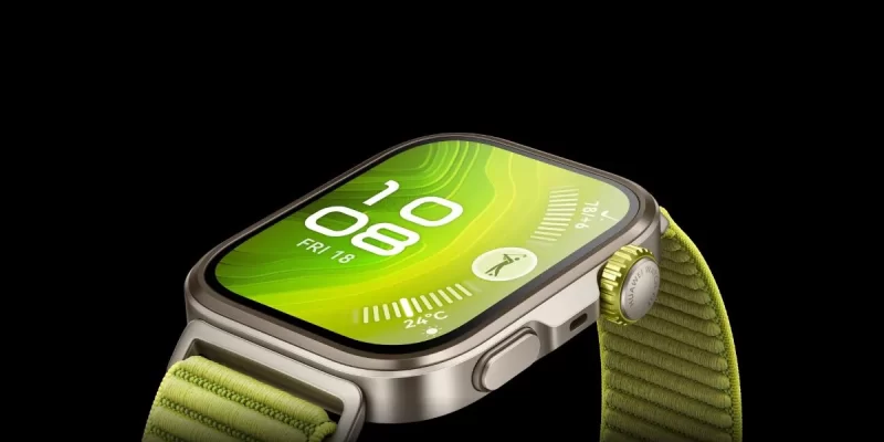 Huawei Watch Fit 4 Pro con fondo negro y pantalla con imagen verde