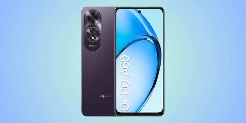 OPPO A60 en color negro mostrando su pantalla y módulo de cámara