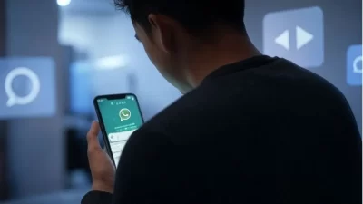 Persona de espaldas mirando chats en WhatsApp en su celular, buscando recuperar mensajes borrados sin respaldo.
