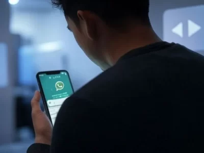 Persona de espaldas mirando chats en WhatsApp en su celular, buscando recuperar mensajes borrados sin respaldo.