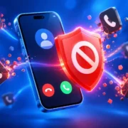 Escudo rojo de bloqueo delante de un móvil que bloquea llamadas de spam y comerciales
