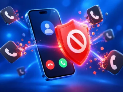 Escudo rojo de bloqueo delante de un móvil que bloquea llamadas de spam y comerciales