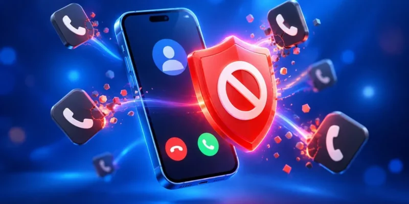 Escudo rojo de bloqueo delante de un móvil que bloquea llamadas de spam y comerciales