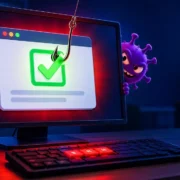 CAPTCHA falso: un anzuelo engancha la casilla de verificación en la pantalla mientras un virus se esconde detrás del monitor