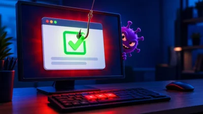 CAPTCHA falso: un anzuelo engancha la casilla de verificación en la pantalla mientras un virus se esconde detrás del monitor