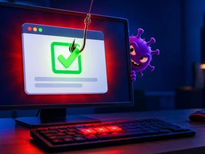 CAPTCHA falso: un anzuelo engancha la casilla de verificación en la pantalla mientras un virus se esconde detrás del monitor