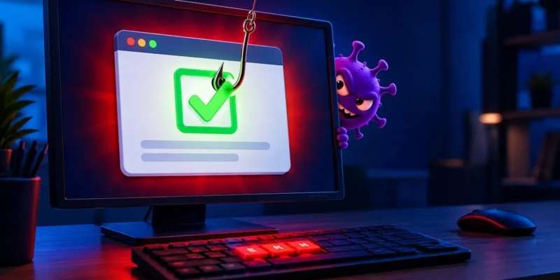 CAPTCHA falso: un anzuelo engancha la casilla de verificación en la pantalla mientras un virus se esconde detrás del monitor
