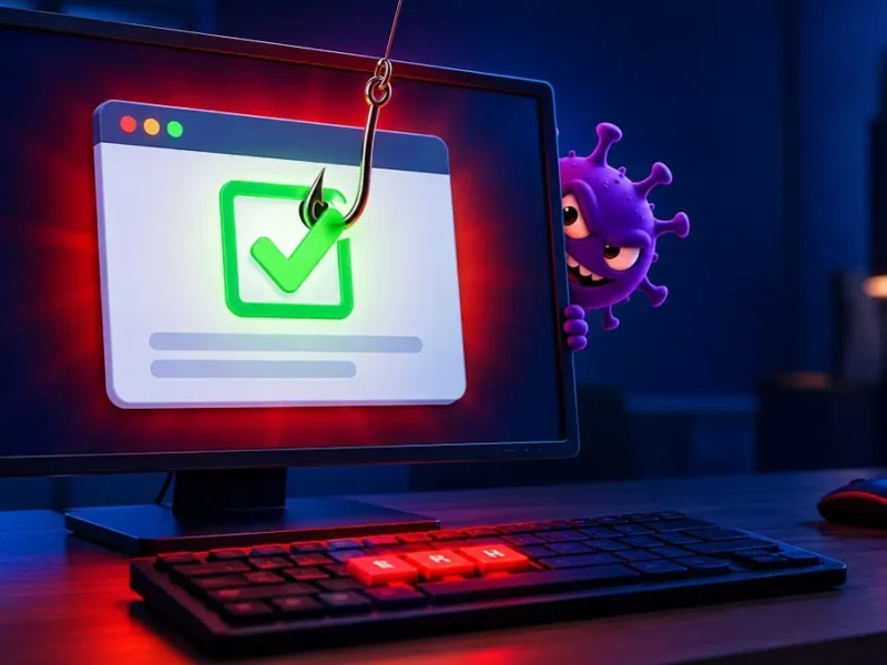 CAPTCHA falso: un anzuelo engancha la casilla de verificación en la pantalla mientras un virus se esconde detrás del monitor