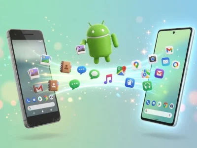 Robot de Android dirigiendo cómo pasar datos de un móvil a otro: fotos, contactos y apps viajan al teléfono nuevo