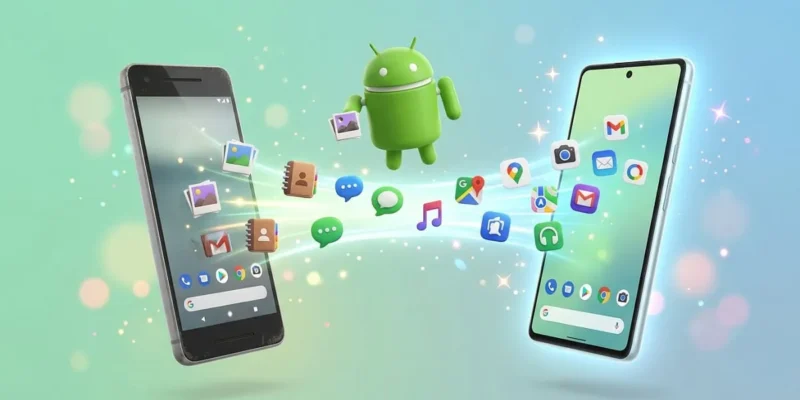 Robot de Android dirigiendo cómo pasar datos de un móvil a otro: fotos, contactos y apps viajan al teléfono nuevo