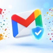 Logo de Gmail con un escudo de protección mientras los anuncios salen despedidos y desaparecen