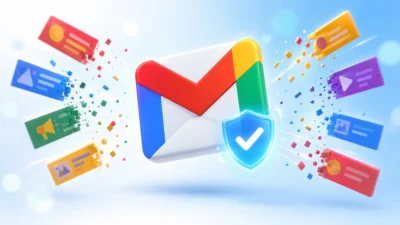 Logo de Gmail con un escudo de protección mientras los anuncios salen despedidos y desaparecen