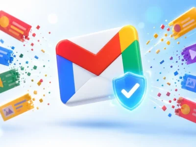 Logo de Gmail con un escudo de protección mientras los anuncios salen despedidos y desaparecen