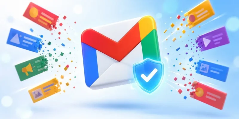 Logo de Gmail con un escudo de protección mientras los anuncios salen despedidos y desaparecen