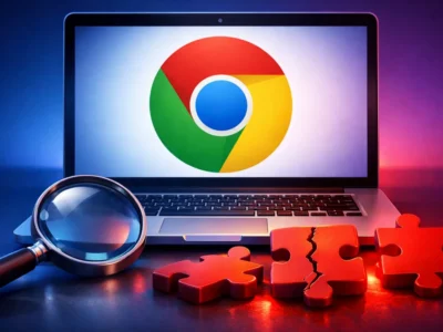 Portátil con el logotipo de Chrome y una lupa sobre piezas de puzle rojas, que simbolizan extensiones maliciosas de Chrome