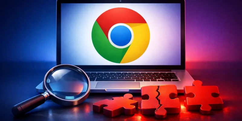 Portátil con el logotipo de Chrome y una lupa sobre piezas de puzle rojas, que simbolizan extensiones maliciosas de Chrome