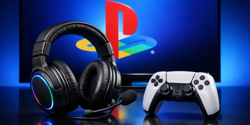 Auriculares gaming PS5 sobre una superficie brillante junto a un mando y el logotipo de PlayStation en una pantalla