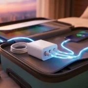 Cargador USB-C de viaje cargando a la vez un portátil, un móvil y unos auriculares dentro de una maleta