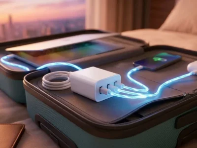 Cargador USB-C de viaje cargando a la vez un portátil, un móvil y unos auriculares dentro de una maleta