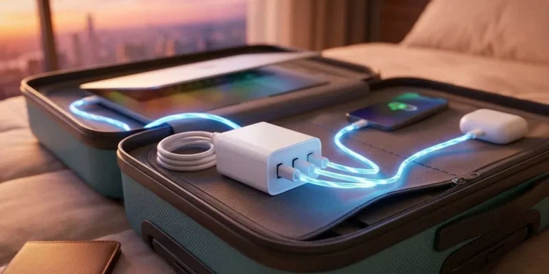 Cargador USB-C de viaje cargando a la vez un portátil, un móvil y unos auriculares dentro de una maleta