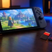 Tarjetas microSD Express junto a una consola portátil tipo Nintendo Switch 2 sobre una mesa