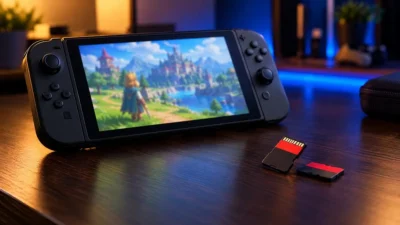 Tarjetas microSD Express junto a una consola portátil tipo Nintendo Switch 2 sobre una mesa