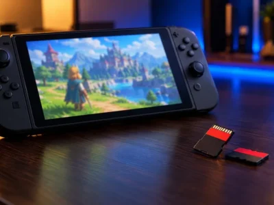 Tarjetas microSD Express junto a una consola portátil tipo Nintendo Switch 2 sobre una mesa