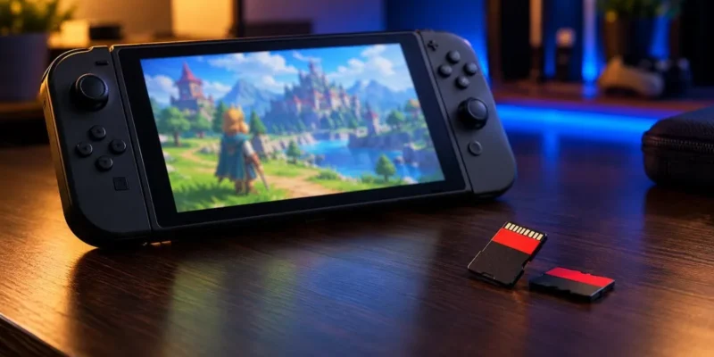 Tarjetas microSD Express junto a una consola portátil tipo Nintendo Switch 2 sobre una mesa