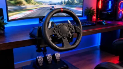 Volante de carreras con pedales anclado a un escritorio gaming para jugar en PC