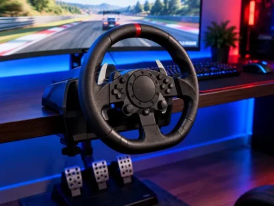 Volante de carreras con pedales anclado a un escritorio gaming para jugar en PC