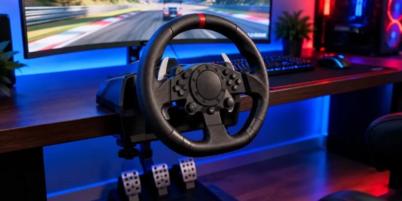 Volante de carreras con pedales anclado a un escritorio gaming para jugar en PC