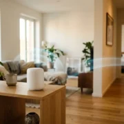 Sistema Wi-Fi Mesh con nodos en el salón y el pasillo de un piso