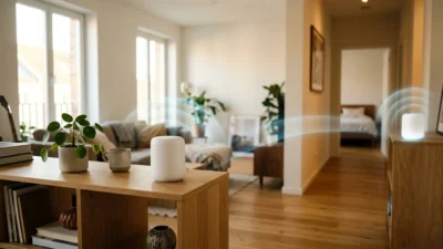 Sistema Wi-Fi Mesh con nodos en el salón y el pasillo de un piso