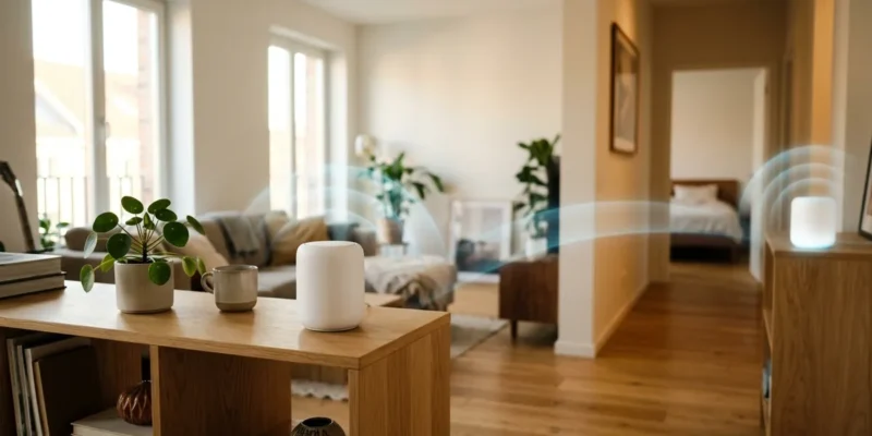 Sistema Wi-Fi Mesh con nodos en el salón y el pasillo de un piso