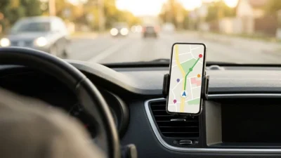 Móvil con navegación GPS en un soporte de rejilla dentro de un coche