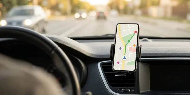 Móvil con navegación GPS en un soporte de rejilla dentro de un coche