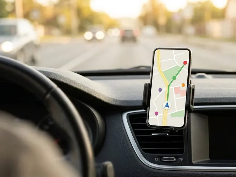 Móvil con navegación GPS en un soporte de rejilla dentro de un coche